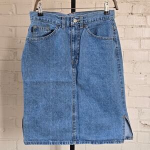 Vintage 80s 90s Chic Denim Mini Skirt High Waisted Side Slit Medium Wash Size 8